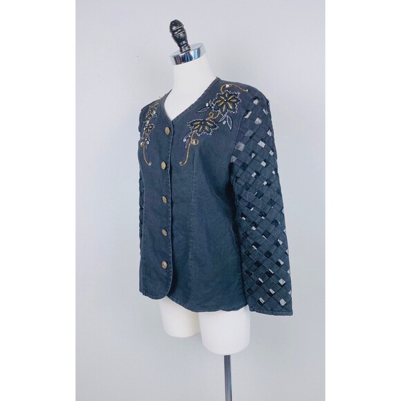 Vintage Black Linen Jacket Gold Floral Sheer Cage Sleeve Blazer / Size Medium - Picture 5 of 8
